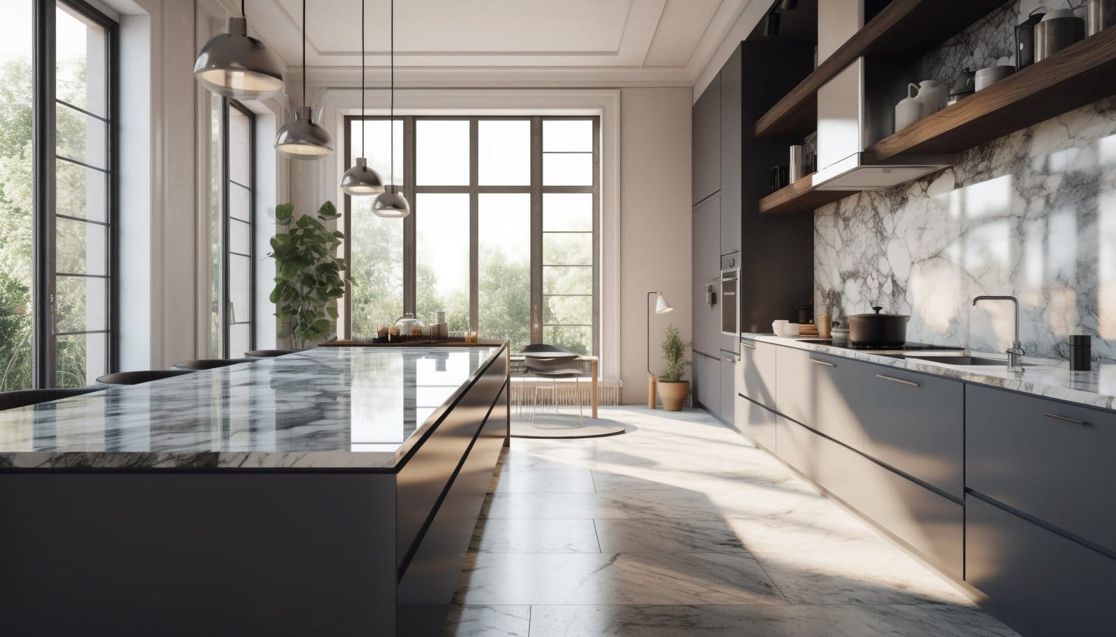 Kitchen Countertop Singapore 2026: How To Pick A Table Top You Won'T Regret Grey Veined Stone Island Countertop On Dark Kitchen Cabinets With Tall Windows