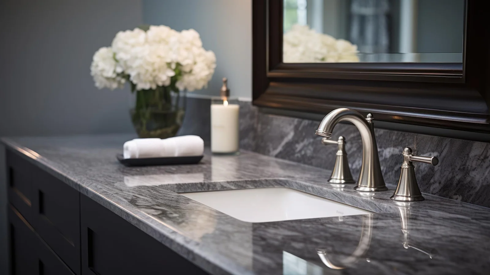 Kitchen Countertop Singapore 2026: How To Pick A Table Top You Won'T Regret Undermount Sink In A Grey Granite Countertop With A Polished Cut-Out Edge